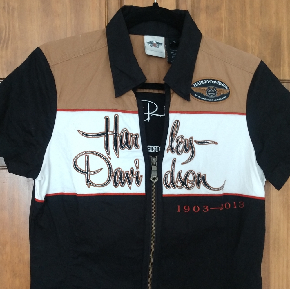 COPY - Harley Davidson White Black Tan 110th Anniversary Zip Front Shirt Blouse…